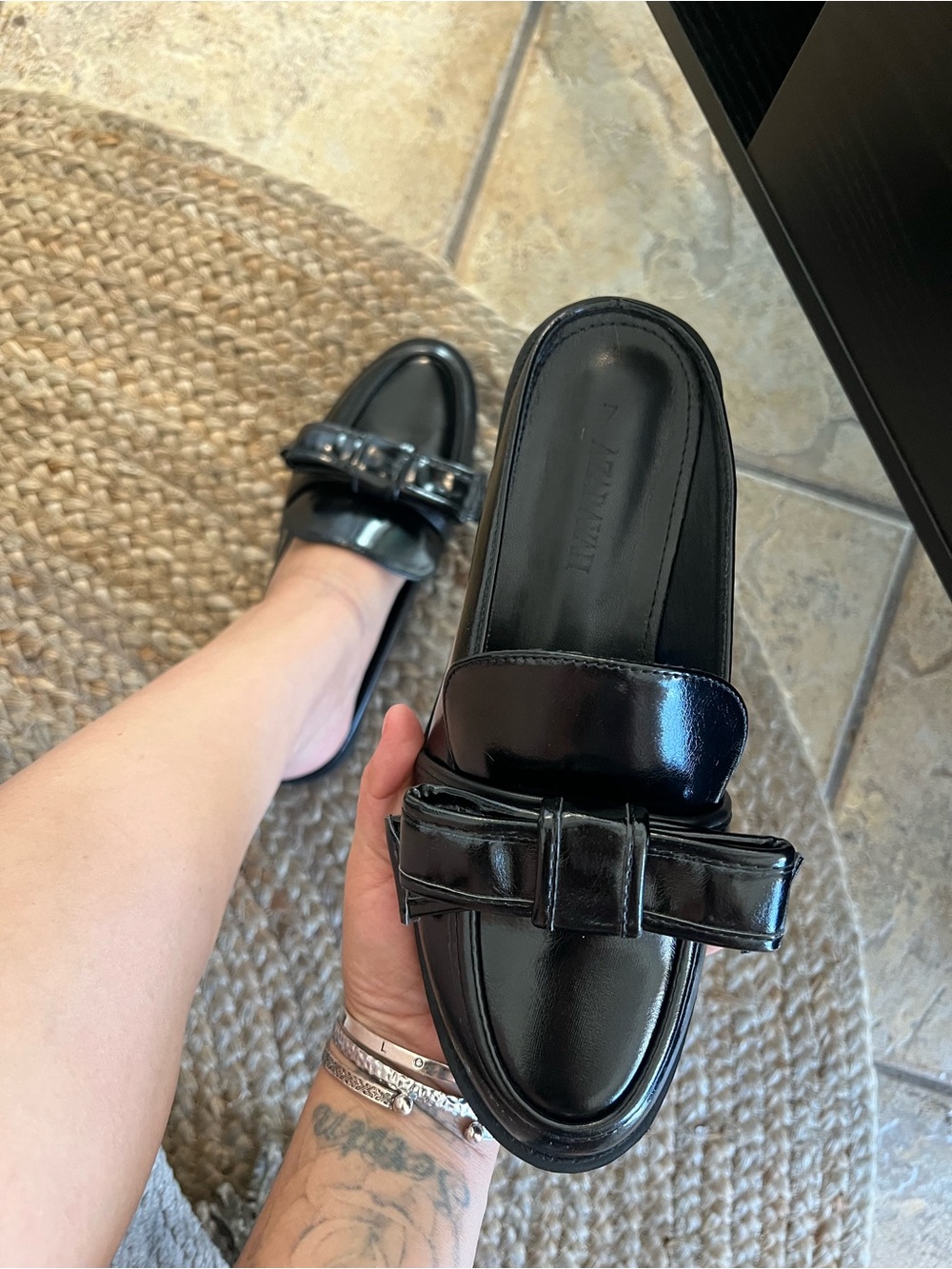 Black Leather Bow-Accent Slip-On Loafers - Women